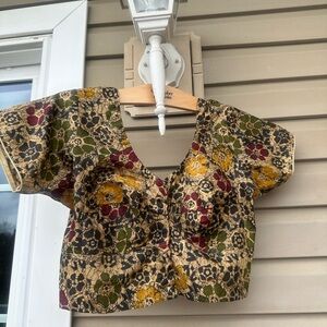 NWOT! Batik Print Green, Beige, maroon Cotton Saree Sari Blouse. Chest 34”